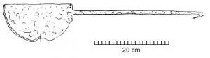 LOU-3001 - LoucheferUstensile à vasque hémisphérique (ht. 100, Ø 180mm) et manche plat, terminé par un crochet (parfois l'extrémité coudée à angle droit (formant un support pour poser l'objet plein) est précédée d'une partie aplatie pour faciliter la préhension.