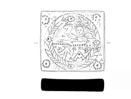 PDS-5013 - Poids quadrangulaire : Λ A (1 libra)bronzeTPQ : 350 - TAQ : 600Simple plaquette épaisse, de forme carrée, marqué sur une face d'un couple en médaillon, au-dessus de la marque incisée Λ A; cadre en forme de couronne, avec des fleurons dans les écoinçons.