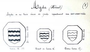 PDS-9208 - Poids de ville : AgdebronzeTPQ : 1685 - TAQ : 1789Poids octogonal épais (carré à angles abattus) rarement heptagonal, marqué d'un écu en relief, à base triangulaire, aux armes de la ville d'Agde qui est à trois fasces ondées.