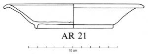 PLA-4031 - Assiette AR 21verreTPQ : 1 - TAQ : 300Assiette à paroi oblique, lèvre inversée formant un bord retombant ; fond annulaire en anneau à la jonction panse / fond.