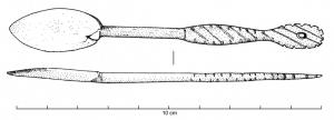 PLE-4001 - PlectreosUstensile allongé avec une extrémité distale en forme de palette ovale; manche bifide, pour assurer une bonne prise en main, avec une terminaison en forme de palmette.