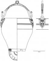 SIT-4004 - SitulebronzeTPQ : 1 - TAQ : 200Situle à profil sinusoïdal, bord déversé très légèrement épaissi, martelée mais terminée au tour, ce dont témoignent plusieurs séries d'incisions parallèles décoratives dans la partie supérieure de la panse. L'attache de forme triangulaire est ornée d'une tête de Faune, avec sa tête aux traits bestiaux surmontée de cornes de chèvre ; anneau sommital coulé, pour accrochage d'une anse mobile, elle aussi coulée et éventuellement surmontée d'un anneau.
