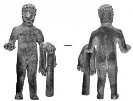 STE-4035 - Statuette : Héraklès - Hercule Bibax ou Dexioumenos (variante)bronzeStatuette en bronze : Héraklès tenant dans la main droite un vase ou une coupe et s'appuyant à gauche sur la massue posée au sol; sur l'avant-bras bras gauche, peau de lion.