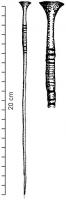 EPG-1038 - Épingle à renflement fusiforme et tête en trompettebronzeEpingle à tête lisse, évasée en trompette; col le plus souvent dégagé et lisse; renflement fusiforme décoré de nombreuses cannelures.