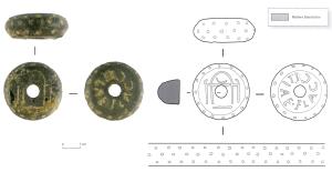 FUS-4024 - Fusaïole en schiste bitumineuxschiste bitumineuxFusaïole tournée avec deux faces parallèles, profil arrondi, perforation centrale réduite ; décor de ponctuations, avec parfois dessin ou inscriptions gravées sur les deux faces.
