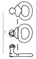 AGC-3038 - Anneau à bouton et volutesbronzeAnneau coulé avec un  bouton perpendiculaire, accosté de deux volutes parfois réduites à des ergots. Le sommet du bouton peut être orné de tris incisions en triangle.