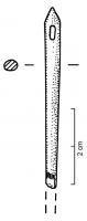 AIG-4007 - Aiguille à sommet ogivalosTPQ : 50 - TAQ : 400Aiguille dont le corps, de section circulaire, s'amincit régulièrement du sommet vers la pointe. Variante du type A.XIX.2 dont le sommet est ici en ogive et non en cône, ici plus ou moins effilé. Le chas, obtenu par deux perforations tangentes, est généralement plus allongé.