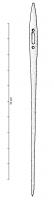 AIG-4012 - AiguilleosTPQ : 40 - TAQ : 400Aiguille dont la section, circulaire vers la pointe, devient ovale au niveau du chas. Le profil de l'aiguille s'élargit jusque vers la base du chas puis s'incurve et se rétrécit vers le sommet, en pointe ou rectiligne, et oblique par rapport à l'axe longitudinal de l'objet. Un trou perforant circulaire existe au-dessus et au-dessous du chas qui est rectangulaire (obtenu à partir de 2 ou 3 perforations juxtaposées).