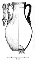 AMF-4001 - AmphorebronzeTPQ : 1 - TAQ : 150Forme haute, pansue, fond en léger retrait orné de cercles concentriques profonds, creusés au tour, col rétréci et étiré, lèvre moulurée ; deux anses symétriques, à décor végétal et attache figurative.