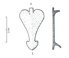 APH-4016 - Applique de harnais cordiformebronzeTPQ : 100 - TAQ : 250Applique de harnais cordiforme ou foliacée, bouton terminal à la pointe, parfois accosté de deux ergots; au revers, une ou deux fixations pour cuir.