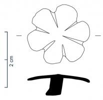 APH-7017 - Bouton-rivet de harnaisbronzeTPQ : 1100 - TAQ : 1500Rivet en forme de fleuron, souvent doré ; tige de fixation centrée au revers.
