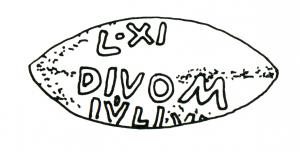 BAL-3013 - Balle de fronde : L.XI / DIVOM / IVLI…plombBalle de fronde coulée dans un moule, inscription en relief : L.XI / DIVOM / IVLI….