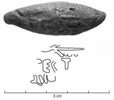 BAL-3022 - Balle de fronde : FECIT Q VO...plombBalle de fronde coulée dans un moule, inscription en relief : palme / FECIT / Q VO..., 