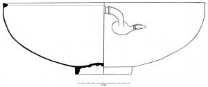 BAS-4021 - Bassin de type Boesterd 172bronzeTPQ : 50 - TAQ : 250Bassin à vasque profonde, lèvre en quart de cercle terminée par un bord épaissi vers l'intérieur, de section triangulaire; paire d'anses en arc de cercles, à pattes de fixation foliacées; fond annulaire massif, orné de moulures concentriques tournées. 