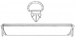 BAS-4028 - Bassin de type Eggers 91-92bronzeTPQ : -25 - TAQ : 25Bassin plat, à profil arrondi, bord épaissi et souligné à l'extérieur par des filets parallèles ; deux anses jouant librement sur des attaches (fixées par brasure) en forme de feuille, avec nervures et parfois percées de trous. 
