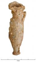 BLS-4001 - Balsamaire en forme d'amphoreplombTPQ : 1 - TAQ : 400Balsamaire en forme d'amphorette, fusiforme ou conique, parfois des reliefs et/ou inscriptions moulées sur la panse ; anses en anneau ou parfois anguleuses et relevées, col cylindrique.