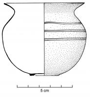 BLS-4016 - BalsamairebronzeTPQ : 100 - TAQ : 200Balsamaire globulaire, lèvre fine et très ouverte ; corps sphérique orné de groupes de filets parallèles incisés ; léger anneau de pose.