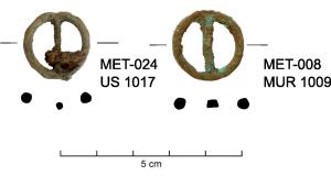 BOC-8001 - Boucle de chaussure circulaire à double fenêtrebronzeTPQ : 1350 - TAQ : 1800Boucle à double fenêtre, de forme circulaire avec une barre transversale ; section ronde ou sub-triangulaire. Selon les modèles, le profil de la boucle est plus ou moins incurvé selon l'axe de la barre transversale. Le diamètre moyen est d'environ 20 mm. L'ardillon, quand il n'est pas absent est souvent en fer. La présence d'une chape est rare.