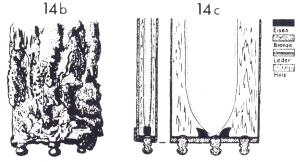 BOF-4018 - Bouterolle de type GundremmingenbronzeTPQ : 300 - TAQ : 450Bouterolle constituée d'une simple gouttière rectiligne, barrant transversalement l'extrémité du bourreau, et protégée par troix boutons moulurés qui assurent sa fixation sur le bois.