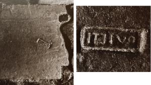 BRQ-4037 - Brique de voûte estampillée QVIETIterre cuiteBrique de voûte, de forme trapézoïdale avec deux ergots au sommet, estampillée QVIETI, en lettres rétrogrades, dans un cartouche rectangulaire.