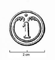 BTN-9063 - Bouton du Ier Régiment d'Infanterie de Ligne, Troupe, Ier EmpirelaitonBouton plat en métal ou alliage de couleur jaune, grand module, Troupe. 1 au centre; entouré d'un cercle presque complet comportant des terminaison foliacées, séparées par un point au dessus du numéro ; liseré sur le pourtour.