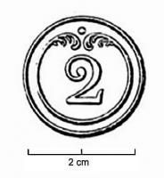 BTN-9064 - Bouton du 2e Régiment d'Infanterie de Ligne, Troupe, Ier EmpirelaitonBouton plat en métal ou alliage de couleur jaune, grand module, Troupe. 2 au centre; entouré d'un cercle presque complet comportant des terminaison foliacées, séparées par un point au dessus du numéro ; liseré sur le pourtour.