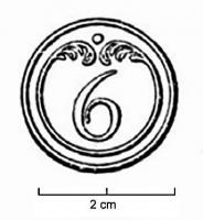 BTN-9066 - Bouton du 6e Régiment d'Infanterie de Ligne, Troupe, Ier EmpirelaitonBouton plat en métal ou alliage de couleur jaune, grand module, Troupe. 6 au centre; entouré d'un cercle presque complet comportant des terminaison foliacées, séparées par un point au dessus du numéro ; liseré sur le pourtour.