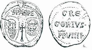 BUL-9073 - Bulle pontificaleplombDisque épais en plomb, perforé pour le passage de rubans, et frappé au nom du pape émetteur : sur une face, les têtes schématisées de Pierre et Paul, SPA - SPE ; au revers : GRE / GORIVS / PP.VIIII (Grégoire IX, pape de 1227 à 1241).