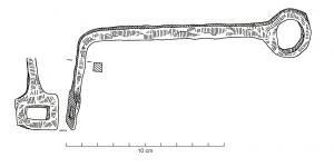 CLE-3004 - Clé à extrémité rectangulaireferTPQ : -225 - TAQ : -30Clé à tige coudée de section quadrangulaire, une extrémité se termine par un anneau de suspension, l'autre par un rectangle ajouré.