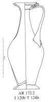 CRU-4093 - Cruche AR 172.2verreTPQ : 250 - TAQ : 400Cruche à panse ovoïde, posée sur un pied annulaire rapporté ; col étroit étiré vers le haut, bord adouci au feu et souligné par des filets rapportés ; anse fixée sur l'épaule et sur la lèvre, avec un retour jouant le rôle de poucier. 