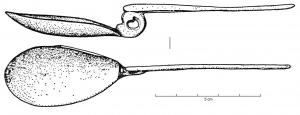 CUI-4015 - Cochlear à cuilleron ovoïdebronzeTPQ : 350 - TAQ : 425Cochlear à cuilleron en forme de goutte, avec un décrochement par rapport au manche effilé, marqué par une spirale.