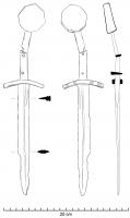 DAG-7028 - Dague à pommeau circulaireferArme de poing, de forme mixte, lame à un seul tranchant près de la garde, deux tranchants vers la pointe ; sur cette variante, garde incrustée de laiton et pommeau octogonal ou à contour étoilé, plein.