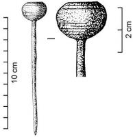 EPG-1110 - Epingle à grosse tête globuleusebronzeEpingle à grosse tête sphérique à méplat sommital. Tête à décor incisé, tige lisse. Le diamètre de la tête est supérieur à 9 mm.