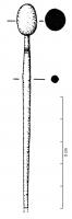 EPG-4112 - Épingle à tête rapportéeosTPQ : 200 - TAQ : 400Epingle à tête bulbeuse rapportée, sommet arrondi ou parfois légèrement pointu : elle est d'abord fixée sur un tenon ménagé à l'extrémité du fût (qui marque un renflement au tiers supérieur) puis tournée et polie ; filets tournés également au sommet du fût, parfois sur la tête et éventuellement accompagnés d'ocelles.