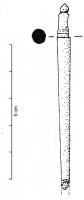 EPG-4114 - Épingle à sommet doréosÉpingle à fût de section circulaire décroissant régulièrement du col vers la pointe; sommet tourné, de diamètre réduit (avec un ressaut net), composé d'une série d'anneaux superposés et terminés par un bulbe, recouvert d'une feuille d'or.