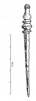 EPG-4419 - Épingle à tête mouluréebronzeTPQ : 200 - TAQ : 300Epingle dont le sommet massif présente une tête moulurée (nombreuses variantes).