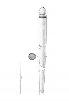 EPG-4578 - Épingle à tête bulbiformeosTPQ : 1 - TAQ : 250Epingle à sommet en forme de bulbe d'oignon reposant sur une base ornée de trois moulures séparés les unes des autres par de profondes gorges en V. Le corps est très épais. 