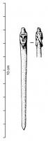 EPG-4584 - Epingle à deux têtes adosséesosTPQ : 50 - TAQ : 70Epingle à sommet orné de deux têtes barbues adossées, probablement surmontée d'un ornement rapporté. Le diamètre du corps diminue progressivement vers la pointe.