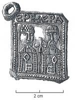 ESP-7081 - Enseigne de pèlerinage : Rome, saint Pierre et saint PaulplombTPQ : 1200 - TAQ : 1300Enseigne resctangulaire (anneaux aux angles) figurant, deux part et d'autre d'une croix, saint Pierre et saint Paul, chacun associé à une clé à anneau losangique ; au dessus, légende ƧPE+ƧPA.