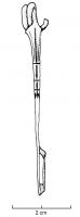 FIB-3037 - Fibule de Nauheim 5a23bronzeTPQ : -120 - TAQ : -50Ressort à 4 spires et corde interne ; arc plat, triangulaire et tendu ; porte-ardillon trapézoïdal ajouré ; arc orné d'une échelle médiane et deux filets latéraux, avec une seule échelle médiane du côté du pied, mais interrompue à deux reprises par des incisions transversales.
