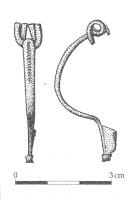 FIB-41097 - Fibule à ressort Almgren 16bronzeTPQ : 90 - TAQ : 200Fibule très simple, à arc de section plate, ployé à la tête, porte-ardillon trapézoïdal, ressort à 4 spires et corde interne. La section rectangulaire du fil utilisé pour le ressort est caractéristique. 