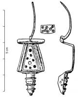 FIB-41181 - Fibule émailléebronzeTPQ : 100 - TAQ : 150Fibule émaillée à arc triangulaire, orné d'une seule loge d'émail. Des excroissances pleines décorent parfois les côtés de la base de motif triangulaire. Pied constitué de moulures et terminé par un bouton.