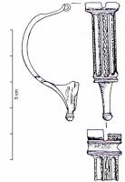 FIB-4769 - Fibule dérivée d'AucissabronzeTPQ : 10 - TAQ : 60Fibule dérivée du type d'Aucissa (charnière, arc en demi-cercle, pied coudé terminé par un bouton mouluré) a arc plat à bords lisses, décor central de l'arc constitué d'une ligne verticale ondée ou perlée, prise entre deux nervures lisses.