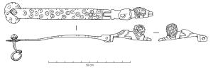 FMC-5001 - Fermoir de coffret articulé, moraillon en forme de lionbronzeFermoir de coffret terminé par une applique circulaire, perforée ; bandage rubanné, équipé d'une charnière avec un moraillon zoomorphe coulé (lion couché).