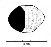 FUS-3003 - Fusaïole bitronconiqueterre cuiteTPQ : -500 - TAQ : -300Fusaïole bitronconique, faces supérieure et inférieure concaves, ornée de cannelures verticales sur tout le pourtour.