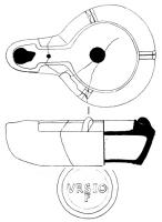 LMP-41927 - Lampe de firme : VRSIOterre cuiteTPQ : 100 - TAQ : 200Lampe moulée, sans anse. Réservoir circulaire de profil biconvexe asymétrique. Bandeau penché vers l'extérieur porte trois tenons rectangulaires rainurés, non percés, disposés en triangle. Disque en cuvette profonde bordée par un bourrelet qui se poursuit sur le bec le long d'un étroit canal et entoure le méplat. Trou d'évent dans le canal.  Base circulaire plate en creux limitée par deux anneaux concentriques enfermant la marque VRSIO ou VRSIO / F en relief. Restes d'un engobe rouge brique. 