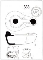 LMP-42331 - Lampe de firme : GSC (imitation) terre cuiteTPQ : 200 - TAQ : 400Lampe moulée avec . Réservoir circulaire de profil biconvexe asymétrique. Bandeau penché vers l'extérieur porte trois tenons rectangulaires non percés, sur l'axe horizontal. Disque en cuvette profonde bordée par un bourrelet interrompu au niveau du bec, par un canal en U percé d'un trou d'évent. Bec long dont le canal s'arrête au méplat. Base circulaire plate en creux limitée par deux anneaux concentriques enfermant la marque GSC en relief. Engobe rouge brique.