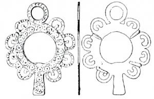 MRR-4038 - Miroir en verre, cadre en plomb : variante Y4bplomb, verreTPQ : 450 - TAQ : 600Miroir circulaire (le disque en verre était retenu au revers par des griffes), au contour en forme de fleur, avec huit pétales ajourés et un neuvième plus important au sommet; petit manche plat, le tout orné de motifs géométriques et ponctuations.