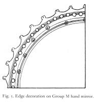 MRR-4072 - Miroir Lloyd-Morgan Group M : à manche à bordure découpée et trouéebronzeMiroir à manche combinant un disque à bordure radiée formée par des festons créant des fleurons incisés à leur sommet associée à un cercle de trous ainsi qu'un manche à double boucle resserré par un anneau médian.