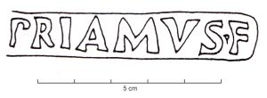 MRT-4069 - Jatte ou mortier : PRIAMVS Fterre cuiteTPQ : 100 - TAQ : 300Jatte ou mortier à lèvre épaissie et déversée ; bec verseur ; marque estampée sur le bord : PRIAMVS F